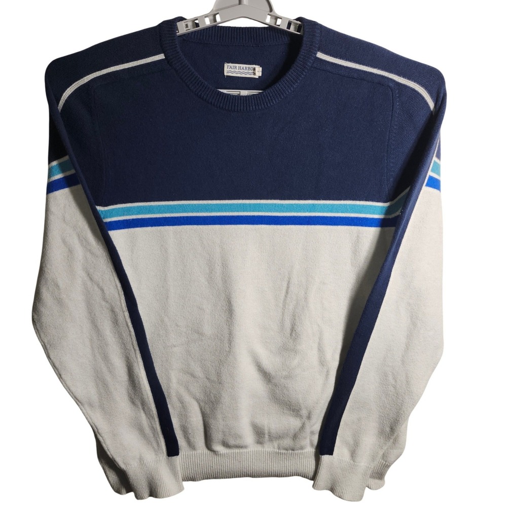 Fair Harbor Pullover Sweater‎ Navy White Blue Stripe Crew Neck XL Cotton Blend
